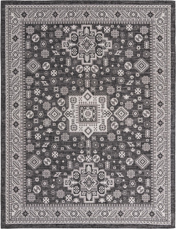 10' x 13' Bellamy · Tribal medallion Outdoor Rug, charcoal and ivory
