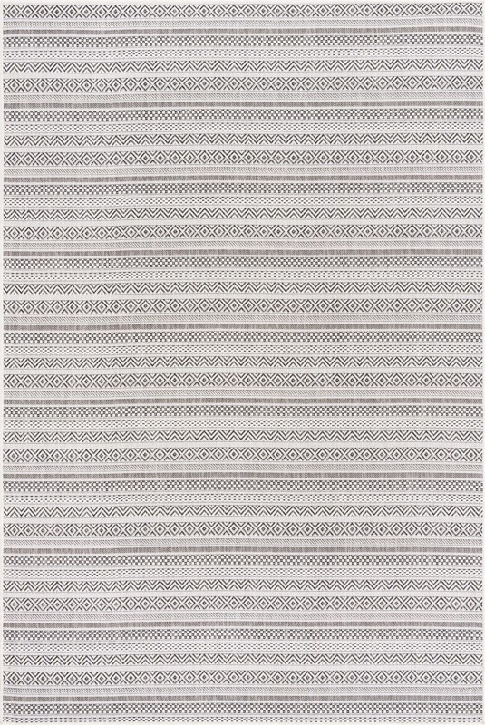 6' x 9' Merlin · Striped geometric Outdoor Rug, beige and black