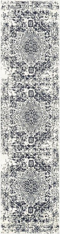 2' x 8' Birch · Distressed medallion rug, blue and ivory