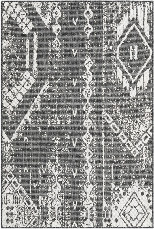 4' x 6' Wildman · Tribal geometric Outdoor Rug, charcoal and ivory