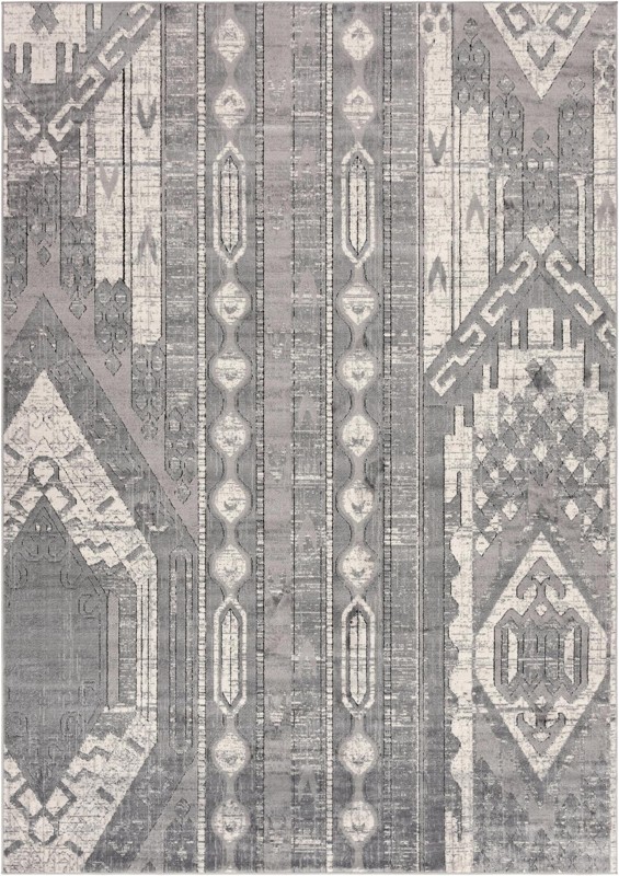 7' x 10' Cardinal · Tribal striped rug, gray and cream
