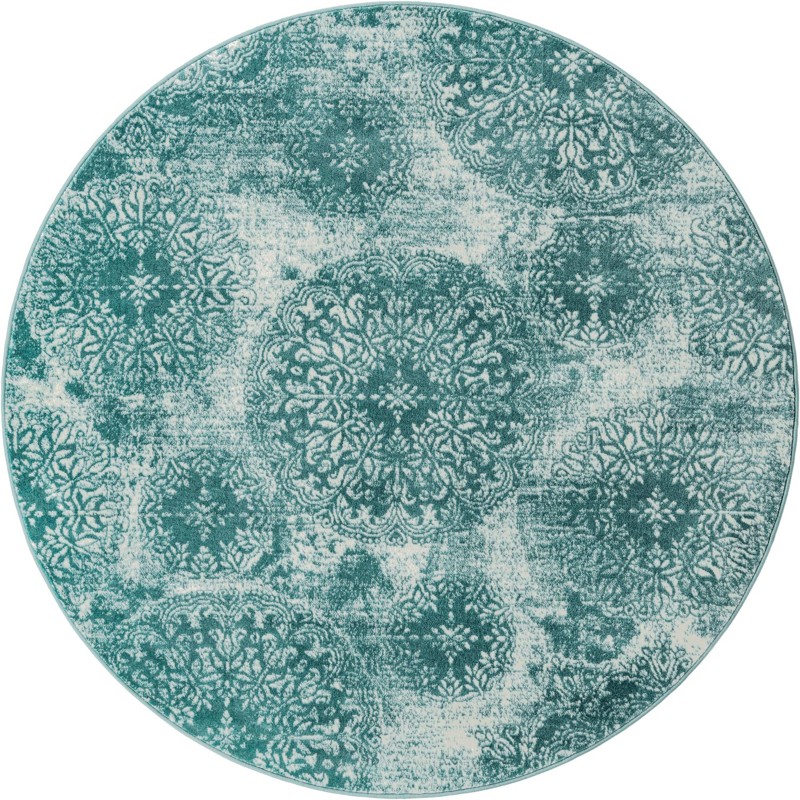 7' x 7' Blakemore · Distressed medallion rug, turquoise and ivory