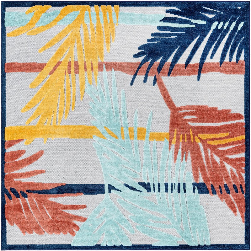 7' 10 x 7' 10 Elm · Tropical leaf Outdoor Rug, blue and orange