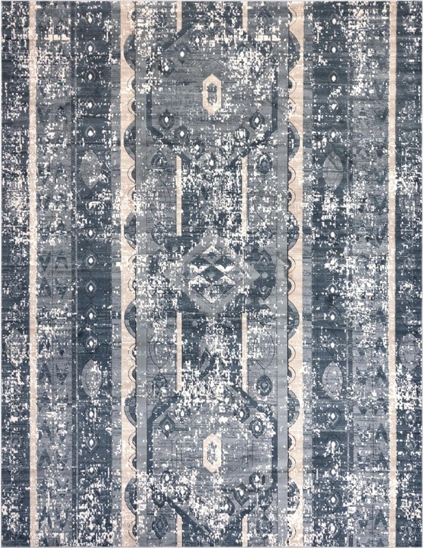 10' x 13' Grouse · Distressed striped rug, blue and beige