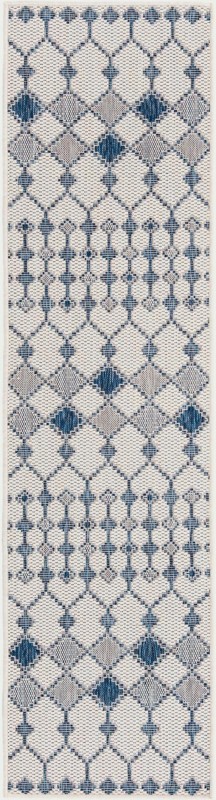 Ramsden · Geometric lattice Outdoor Rug, blue and ivory