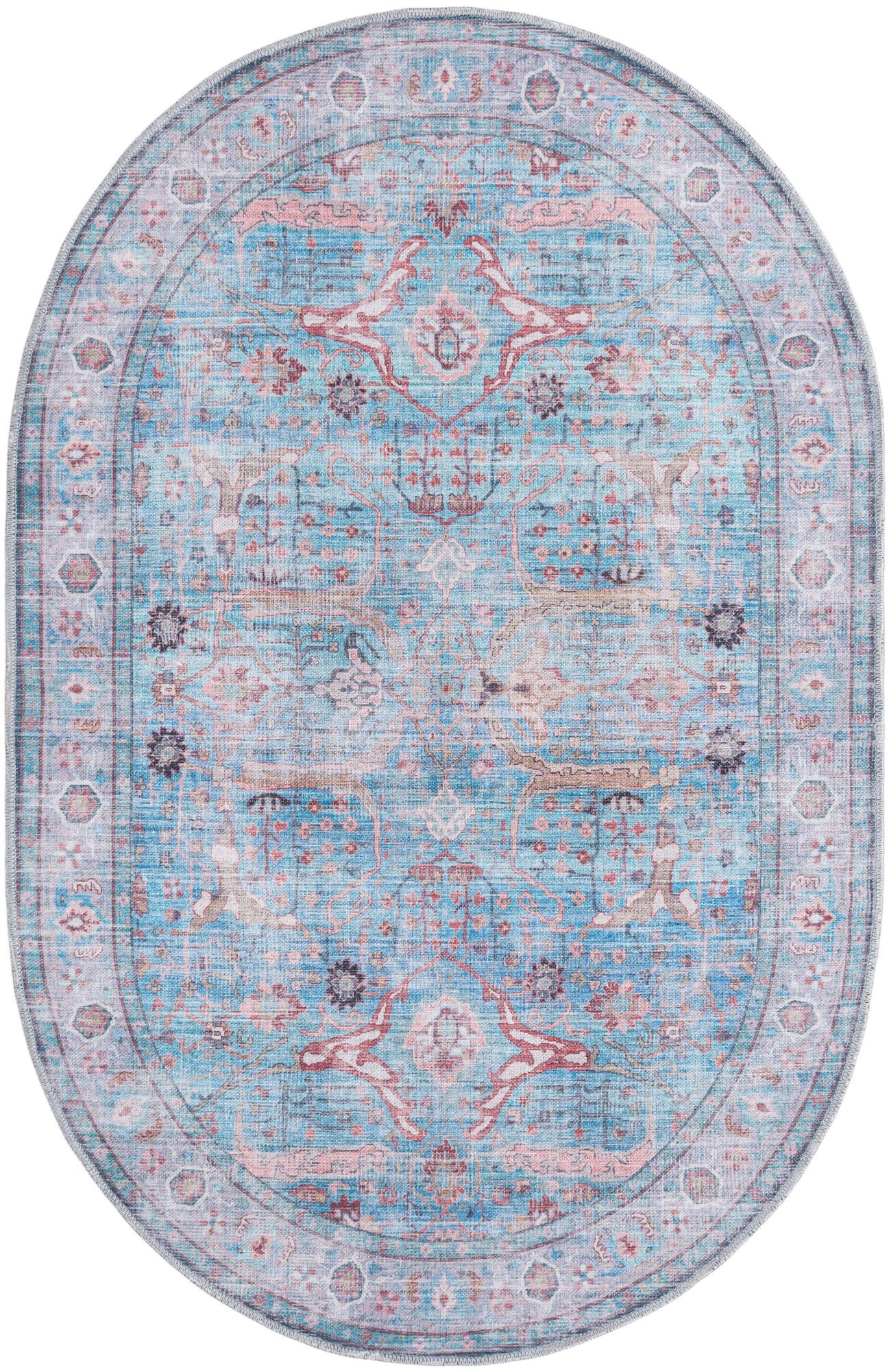 4' x 6' Mayfield · Distressed floral Washable Rug, blue and rust