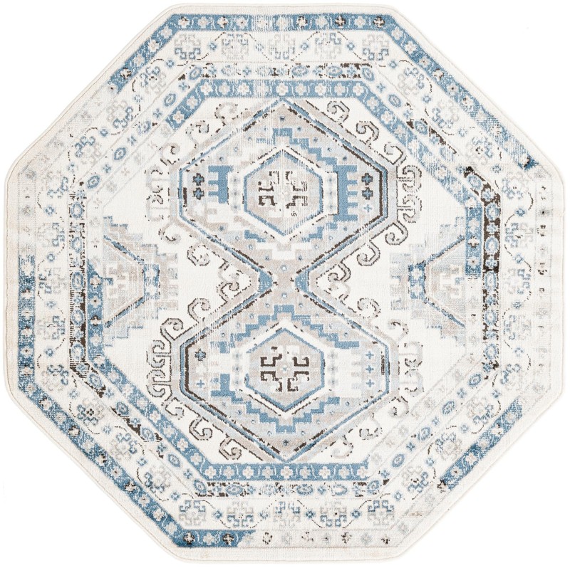 5' 3 x 5' 3 Harmon · Geometric medallion rug, aqua and ivory
