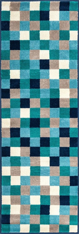 2' x 6' Beasley · Pixel checkered rug, teal and gray
