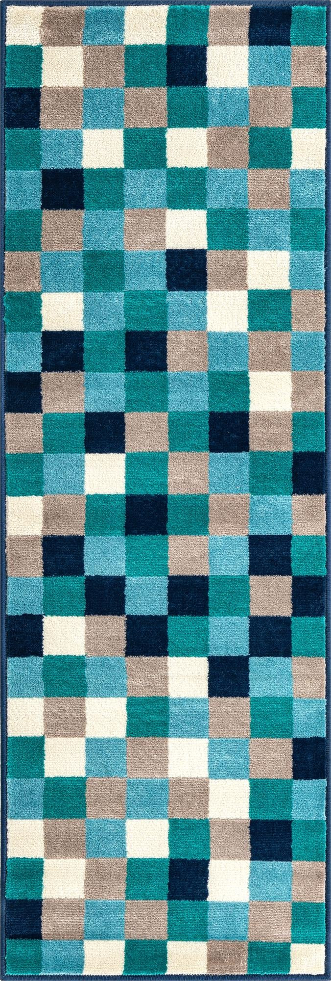 2' x 6' Beasley · Pixel checkered rug, teal and gray