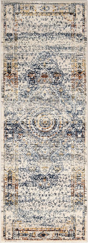 2' x 6' Leaver · Distressed medallion rug, blue and gray
