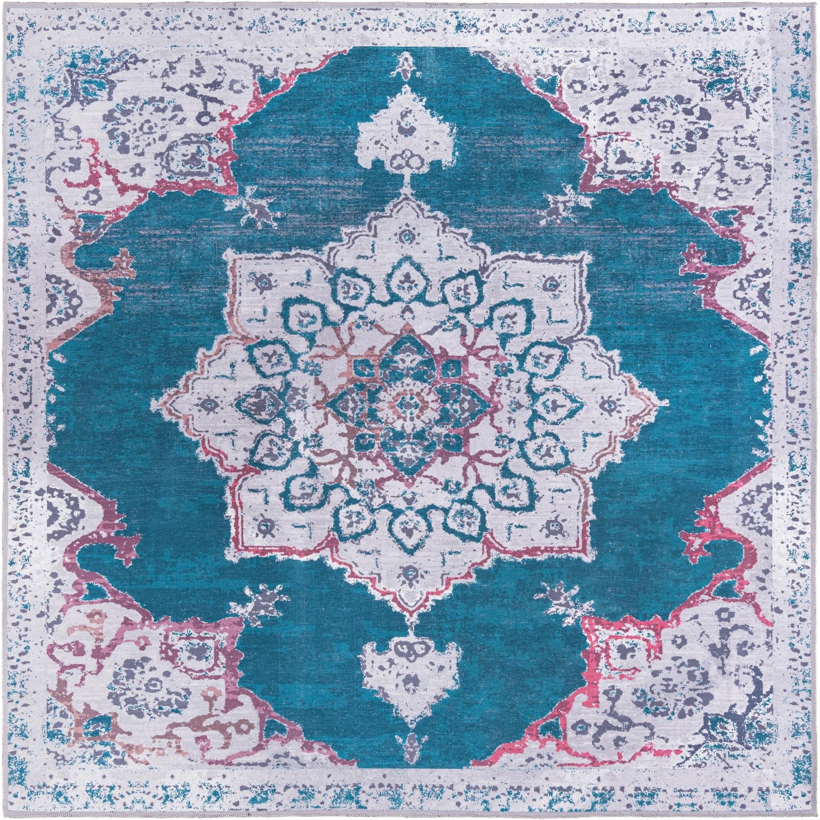 7' 10 x 7' 10 Rideout · Medallion Washable Rug, teal and gray