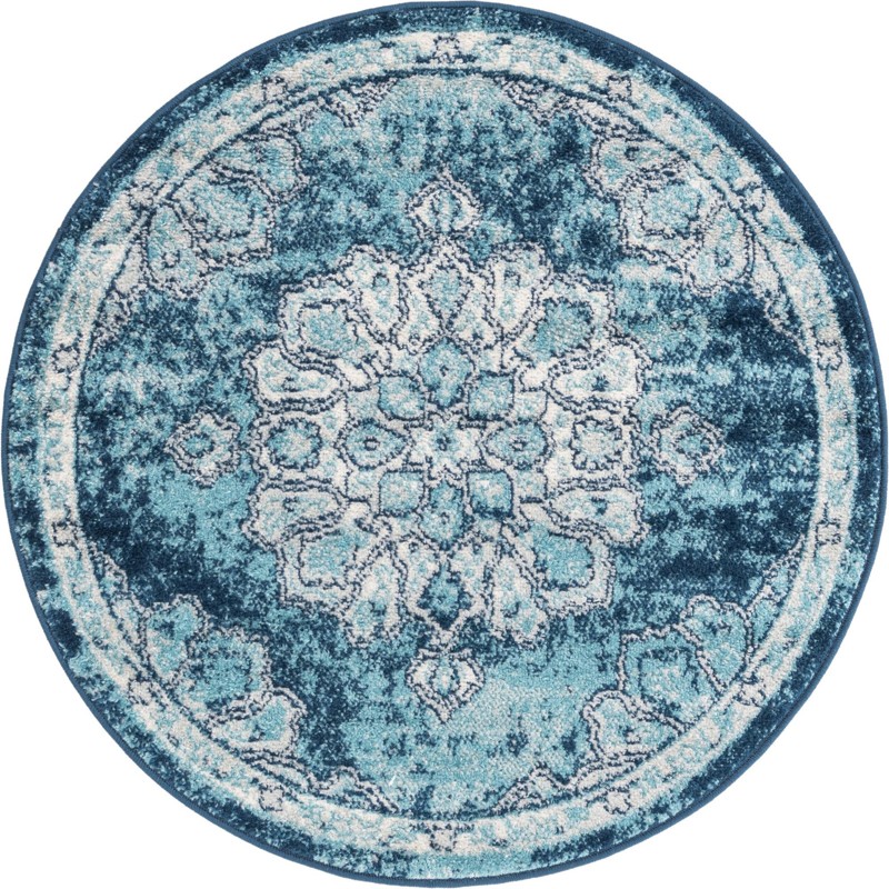 3' 3 x 3' 3 Nettle · Distressed medallion rug, blue and ivory