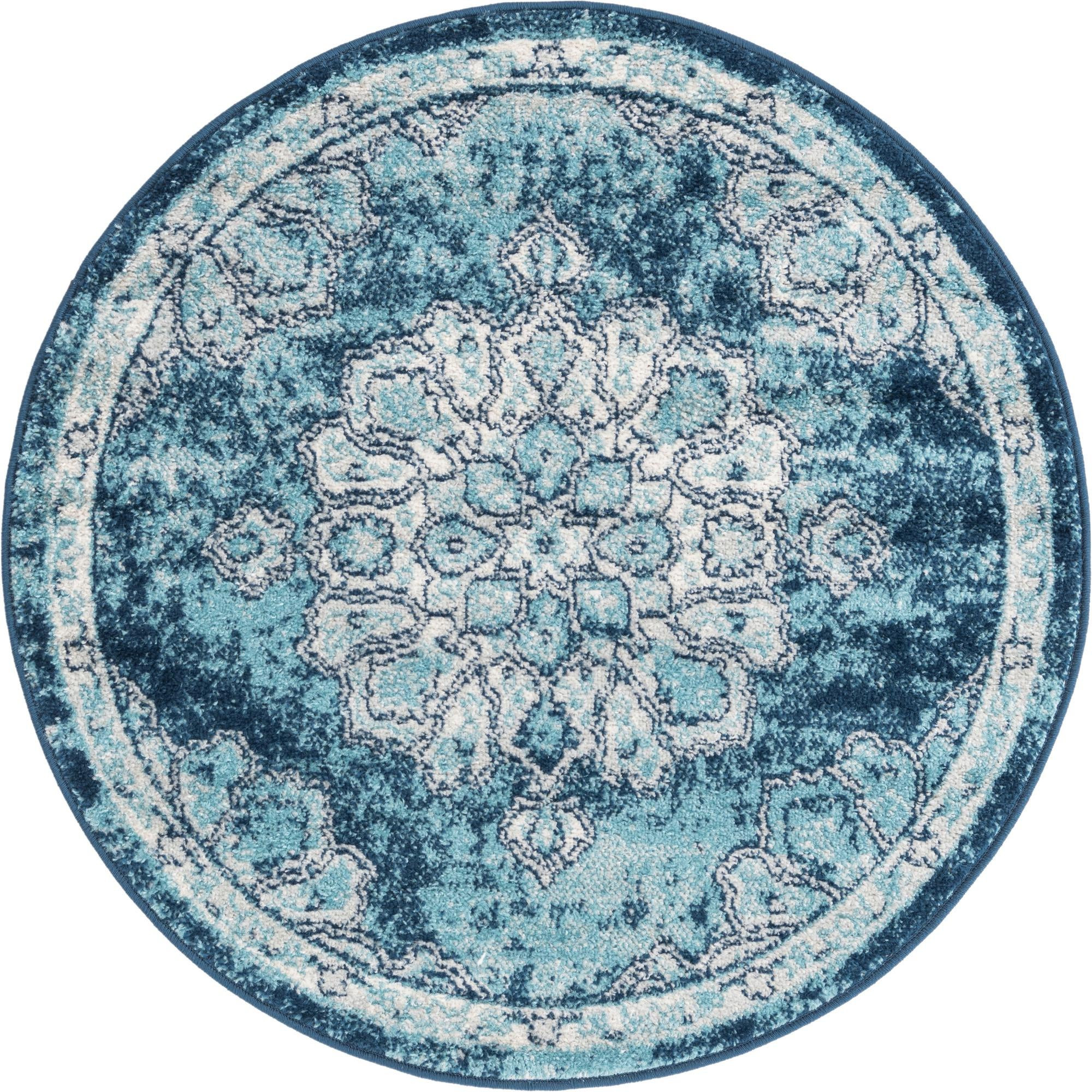3' 3 x 3' 3 Nettle · Distressed medallion rug, blue and ivory