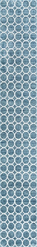 3' x 19' 8 Corvallis · Geometric lattice rug, blue and ivory