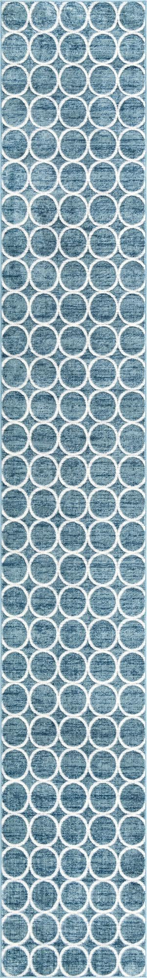 3' x 19' 8 Corvallis · Geometric lattice rug, blue and ivory