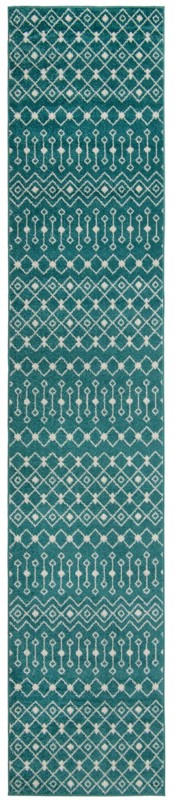 3' 3 x 16' 5 Boswell · Geometric trellis rug, turquoise and ivory