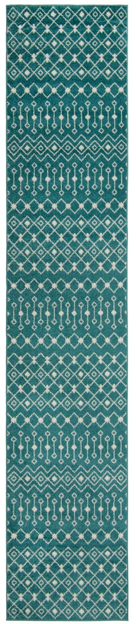3' 3 x 16' 5 Boswell · Geometric trellis rug, turquoise and ivory