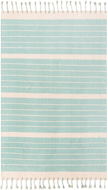 6' 1 x 9' Ottley · Striped Chindi Rug, aqua and white