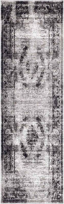 2' 7 x 10' Stoner · Distressed medallion rug, gray and ivory
