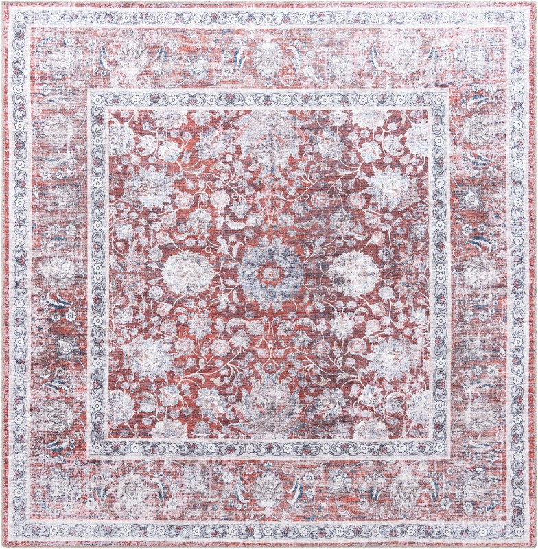 Bertie · Vintage floral Washable Rug, red and ivory