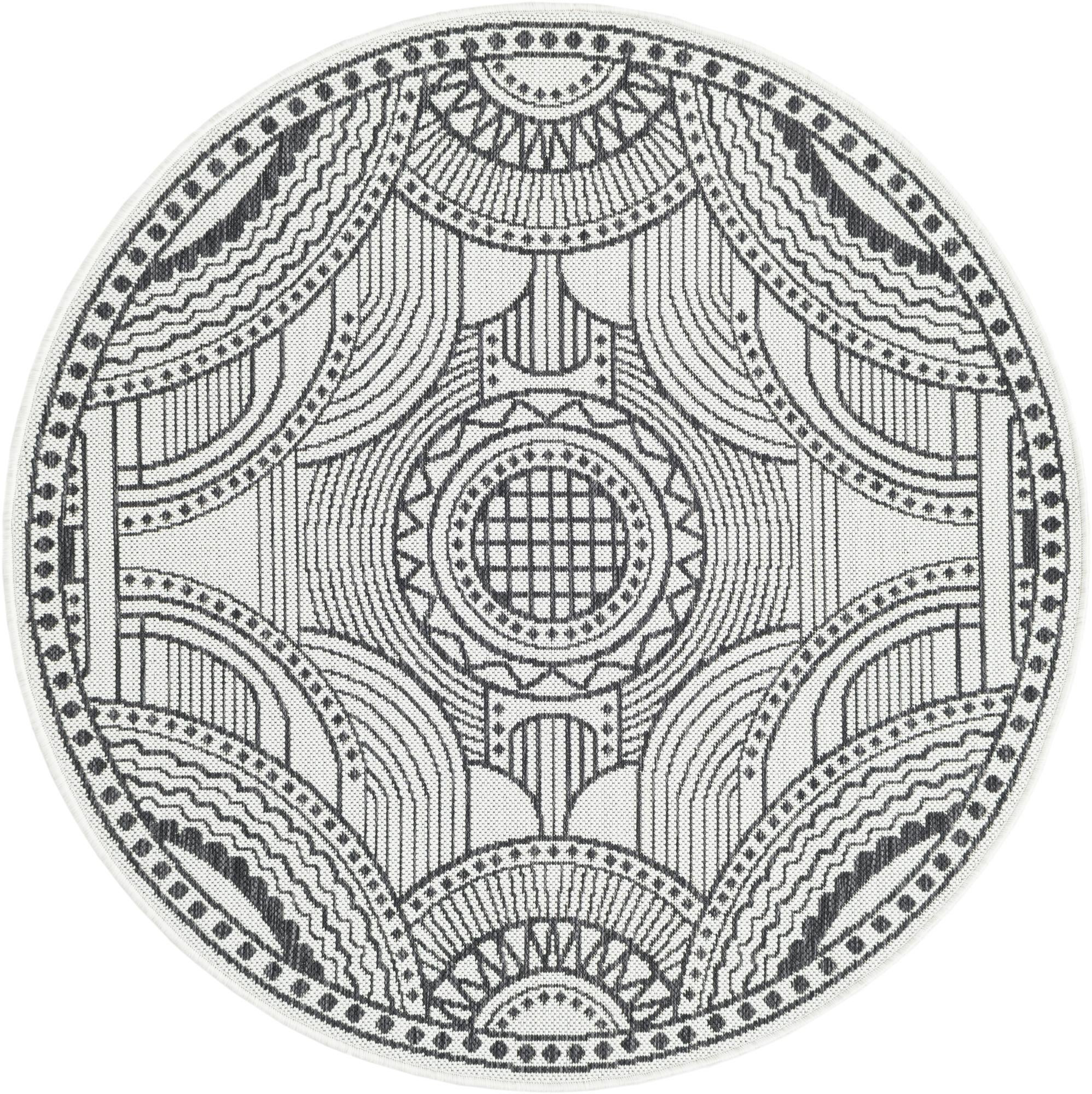4' 1 x 4' 1 Brough · Medallion Outdoor Rug, white and black