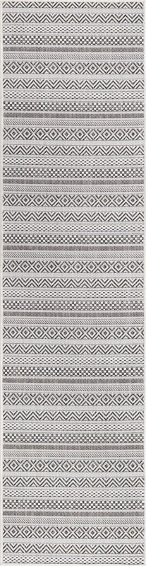 2' x 8' Merlin · Striped geometric Outdoor Rug, beige and black
