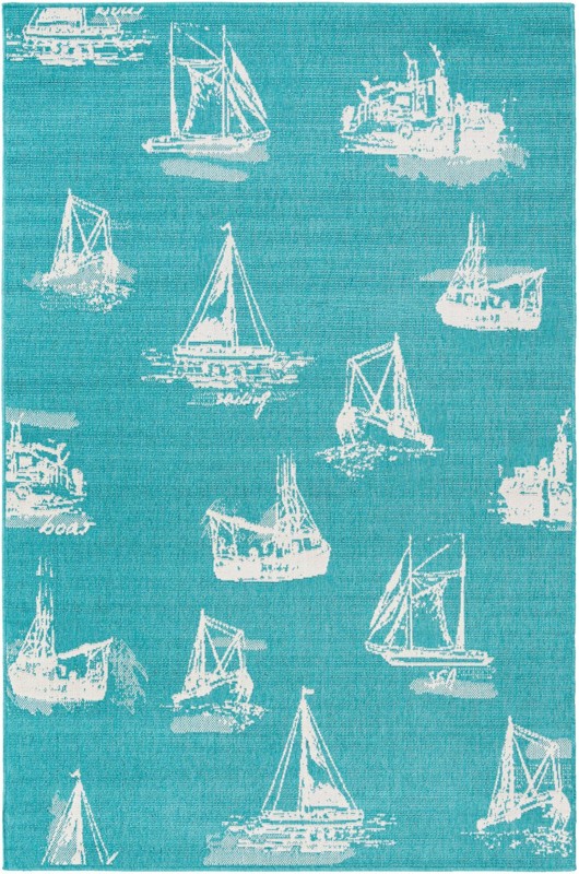 5' 3 x 8' Desmond · Sailboat Outdoor Rug, teal and ivory