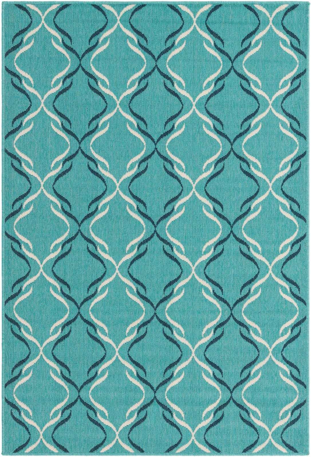4' x 6' Comstock · Geometric lattice Outdoor Rug, teal and ivory