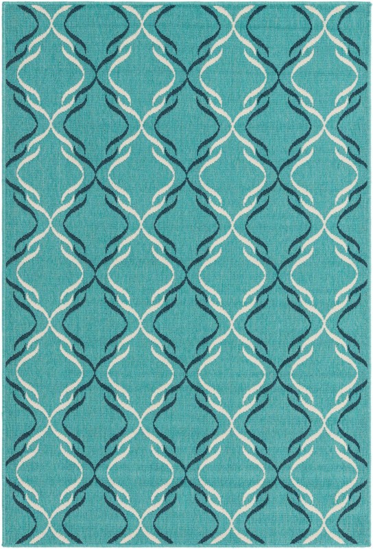 Comstock · Geometric lattice Outdoor Rug, teal and ivory