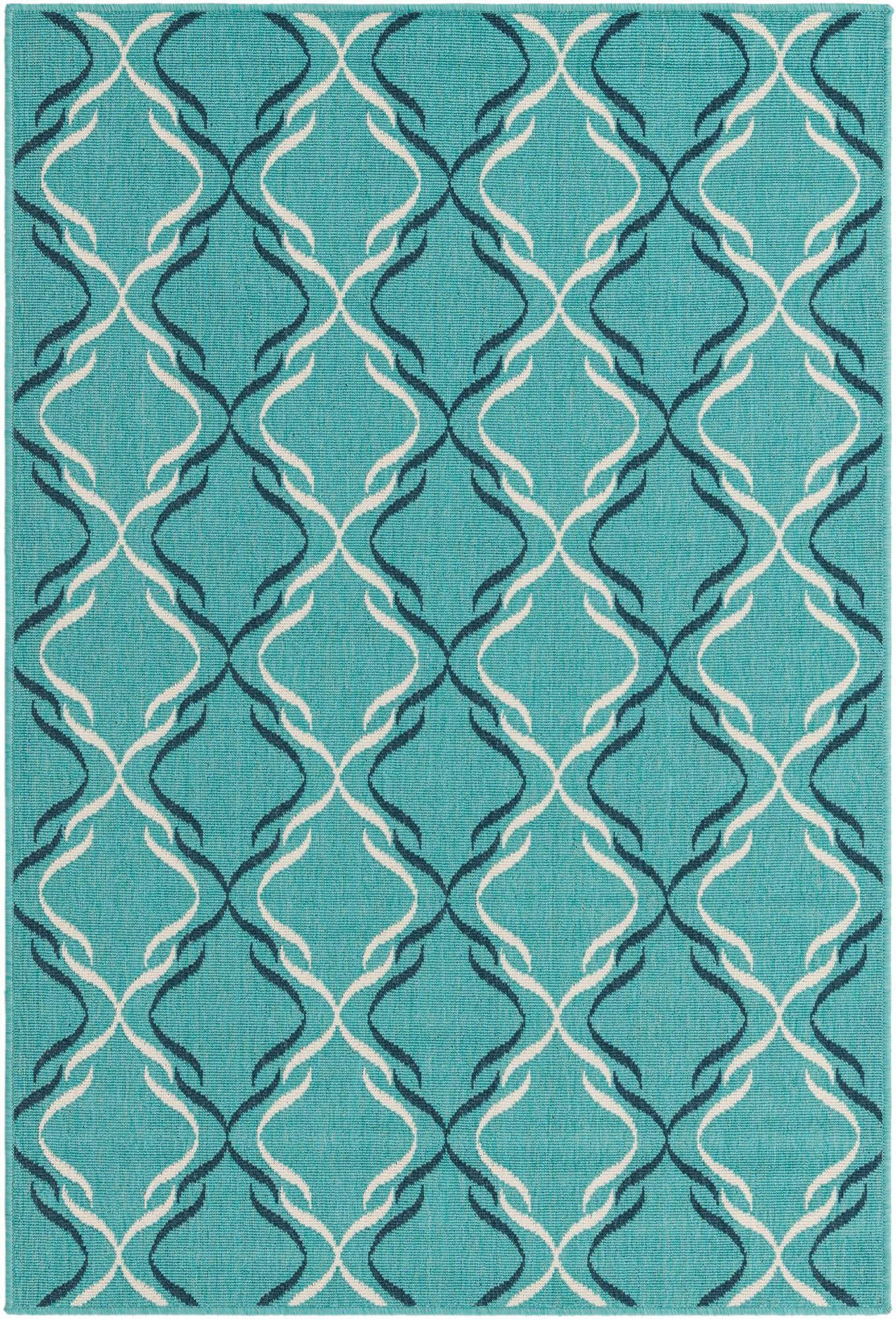4' x 6' Comstock · Geometric lattice Outdoor Rug, teal and ivory