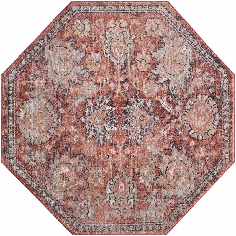 5' x 5' Ansel · Distressed medallion rug, brick red and beige