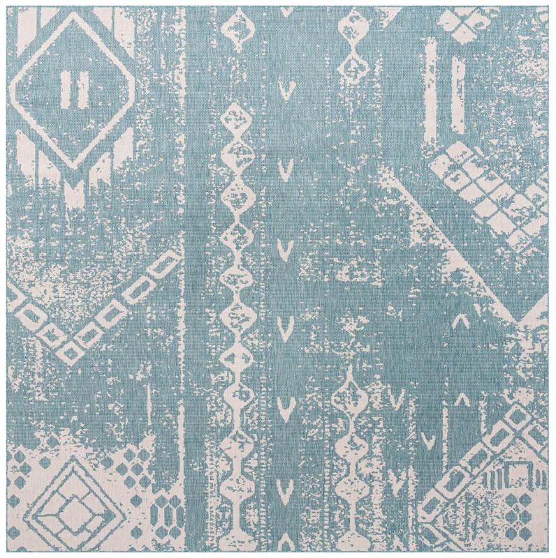 13' x 13' Wildman · Tribal geometric Outdoor Rug, aqua and ivory