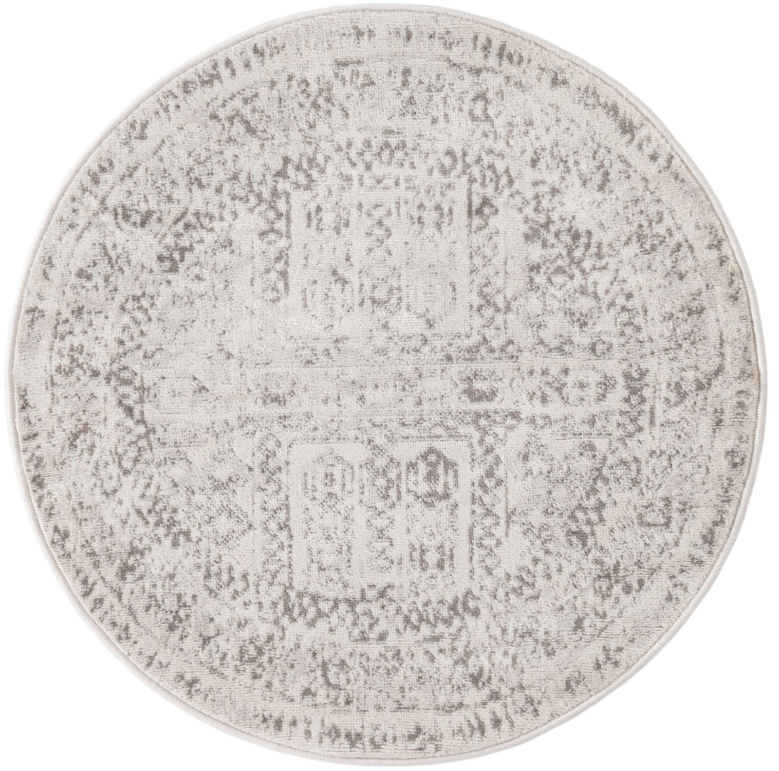 3' x 3' Fitch · Geometric border rug, cream and gray