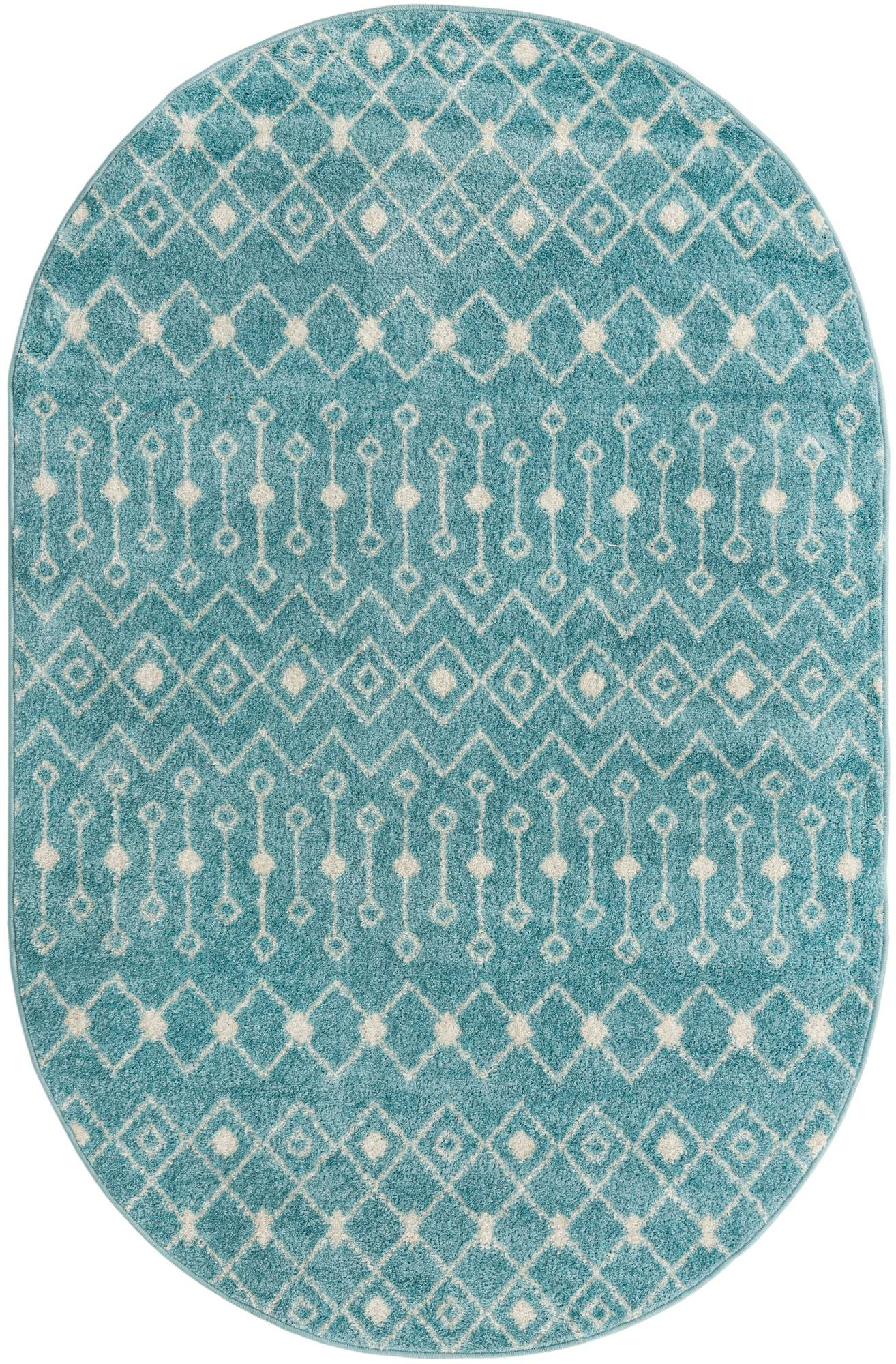 5' 3 x 8' Boswell · Geometric trellis rug, aqua and ivory