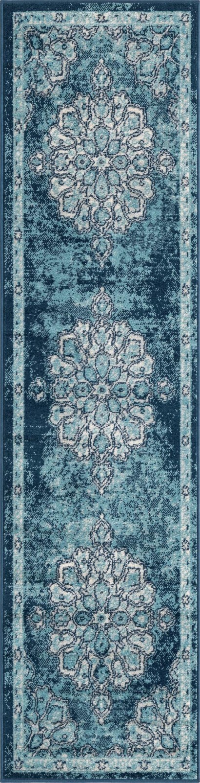 2' x 8' Nettle · Distressed medallion rug, blue and ivory