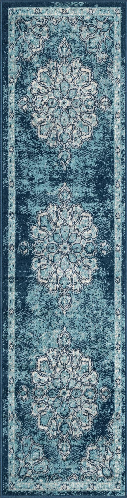 2' x 8' Nettle · Distressed medallion rug, blue and ivory
