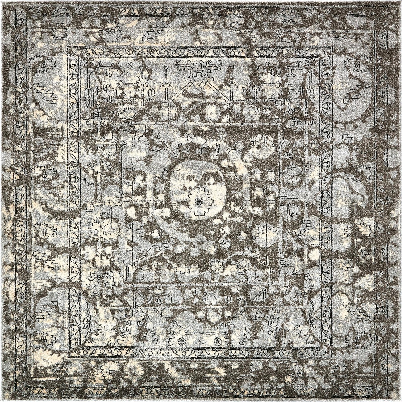 7' 10 x 7' 10 Winslow · Distressed medallion rug, gray and ivory