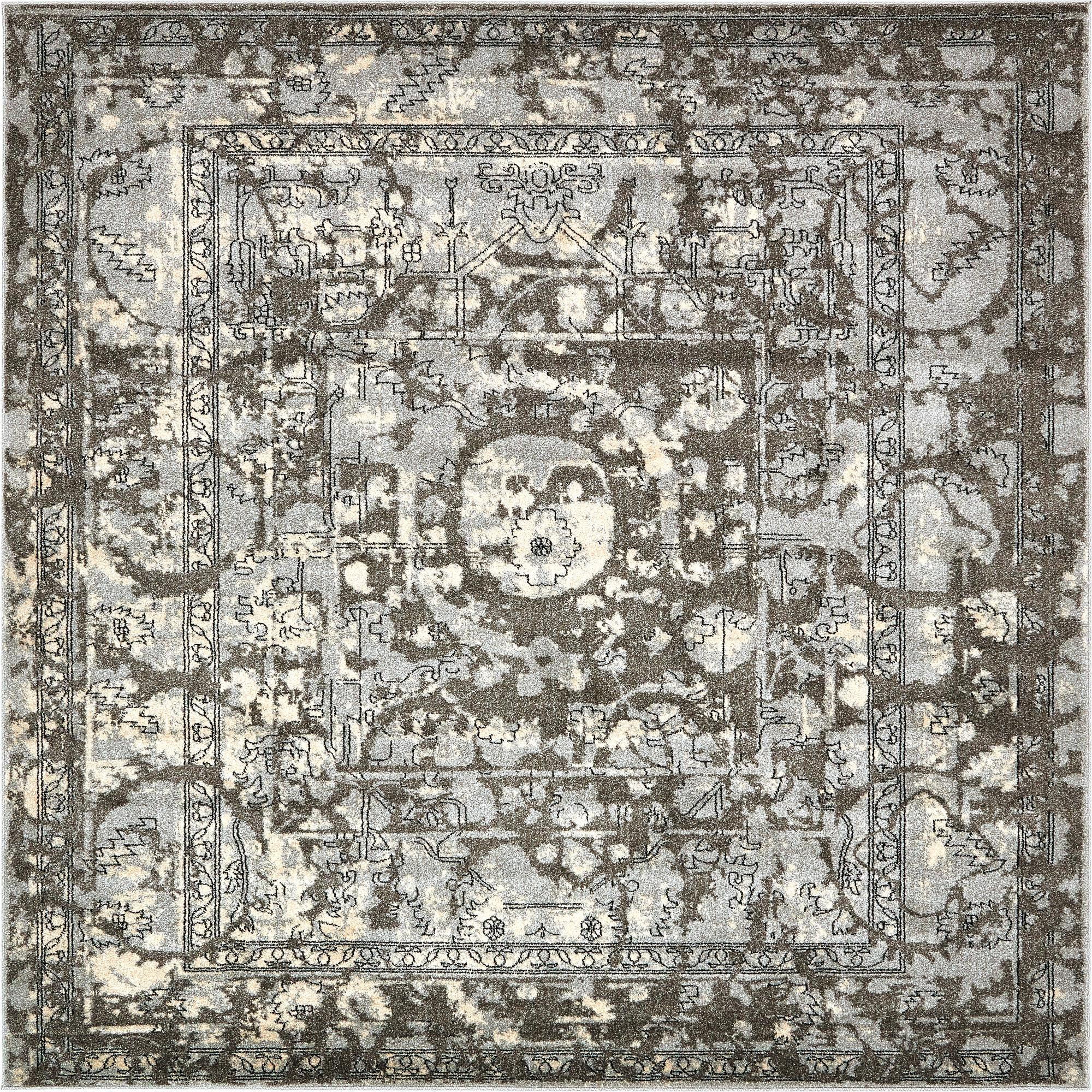 7' 10 x 7' 10 Winslow · Distressed medallion rug, gray and ivory