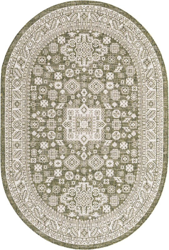 5' 3 x 8' Bellamy · Geometric medallion Outdoor Rug, green and ivory