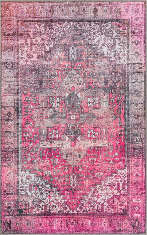 3' 6 x 5' 6 Clive · Distressed medallion Washable Rug, pink and black