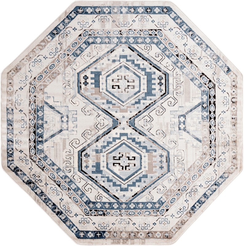 7' 10 x 7' 10 Harmon · Geometric medallion rug, blue and ivory