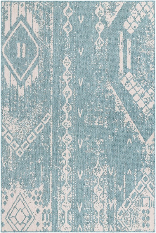 6' x 9' Wildman · Tribal geometric Outdoor Rug, aqua and ivory