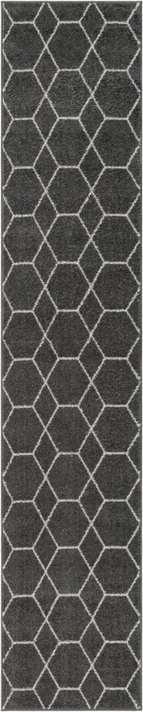 2' x 10' Galloway · Geometric lattice rug, gray and ivory