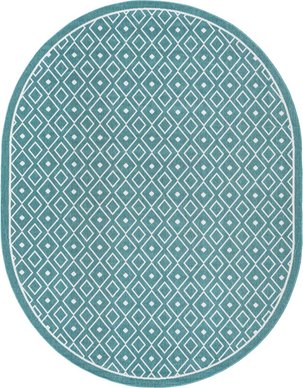 7' 10 x 10' Revell · Geometric Outdoor Rug, teal and ivory