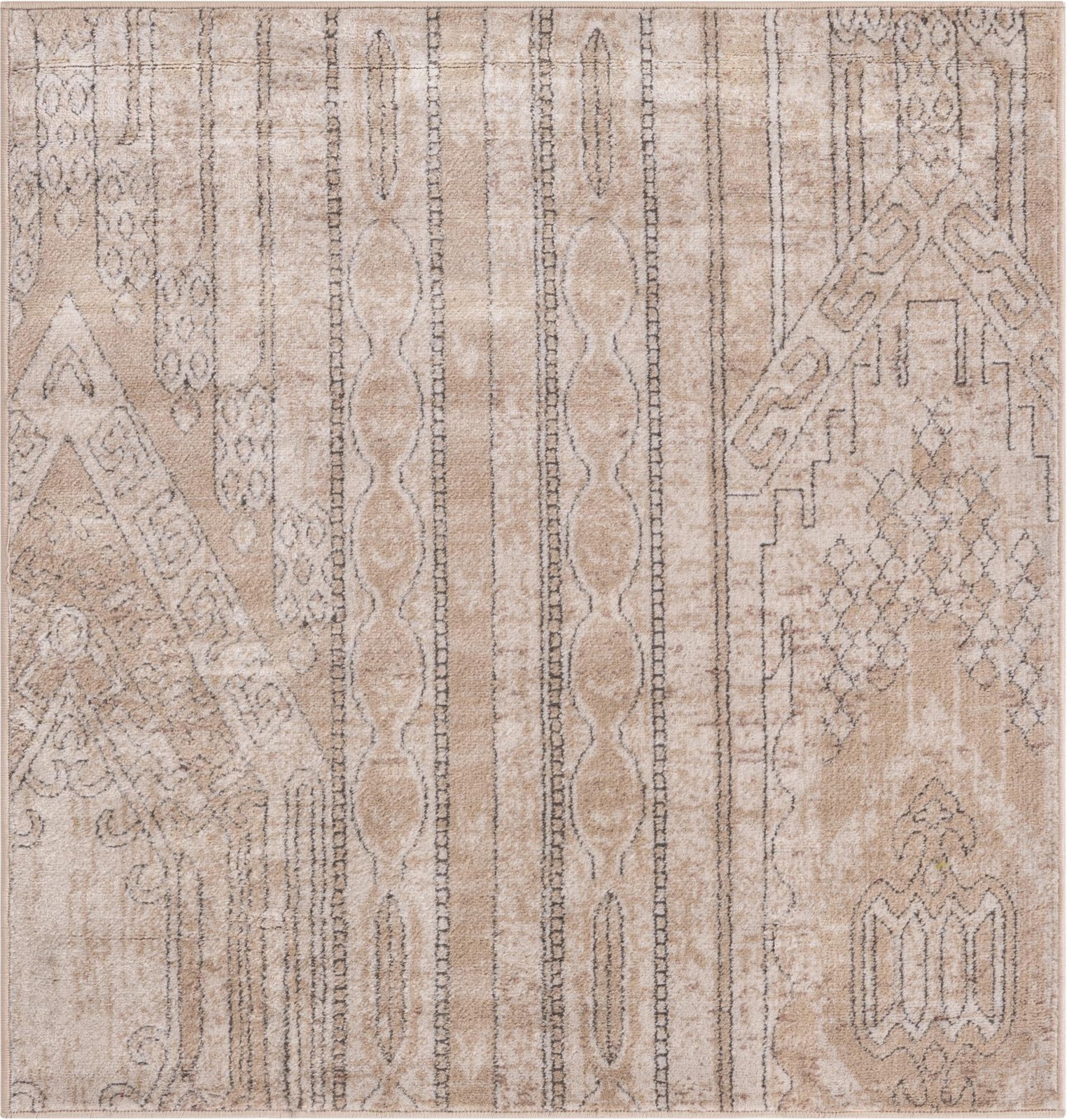 4' x 4' Cardinal · Tribal geometric rug, ivory and gray