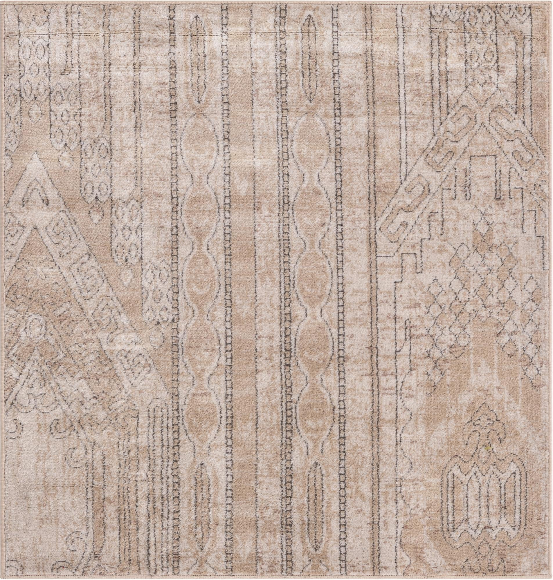 4' x 4' Cardinal · Tribal geometric rug, ivory and gray