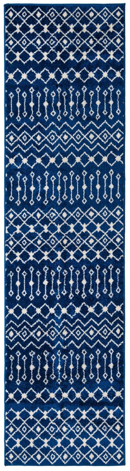 2' 7 x 10' Boswell · Geometric trellis rug, navy and ivory