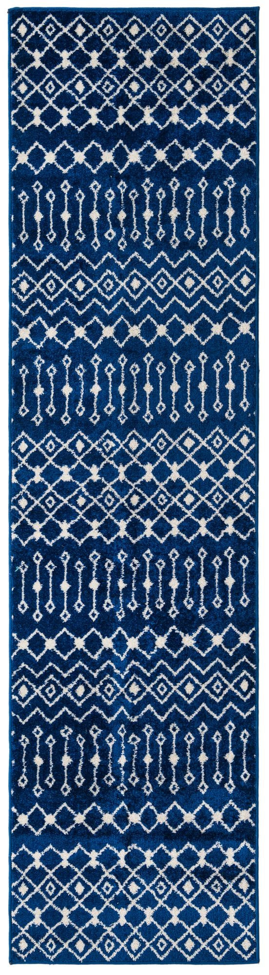 2' 7 x 10' Boswell · Geometric trellis rug, navy and ivory