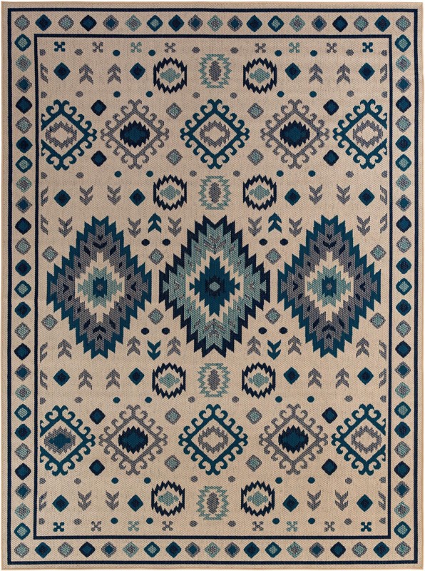 9' x 12' Whitfield · Geometric tribal Outdoor Rug, beige and blue