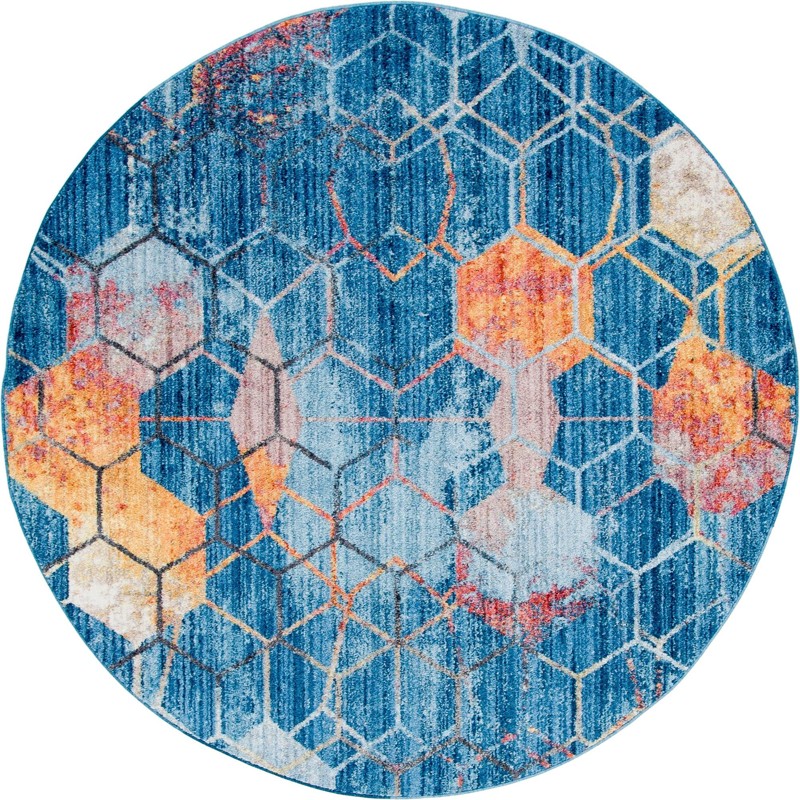 6' x 6' Huntley · Geometric honeycomb rug, blue and gold